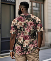 Men's Plus Size Pink Gesang Flower Print Henry Collar Button Short Sleeve T-Shirt